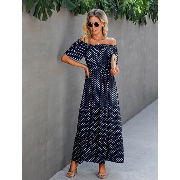 Boho Navy Blue Belted Off The Shoulder Maxi Dress - Picture 3 of 4